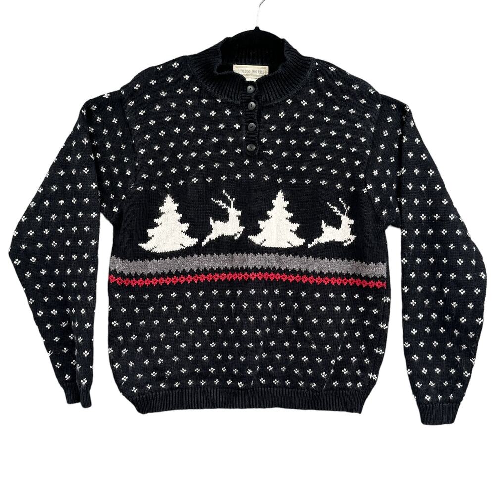 VTG 90s Nordic Fair Isle Sweater L Black Reindeer Winter Preppy Cottagecore Tree